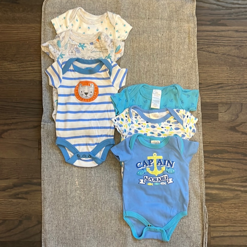 6 PK blue baby boy onesies size 0-3mo